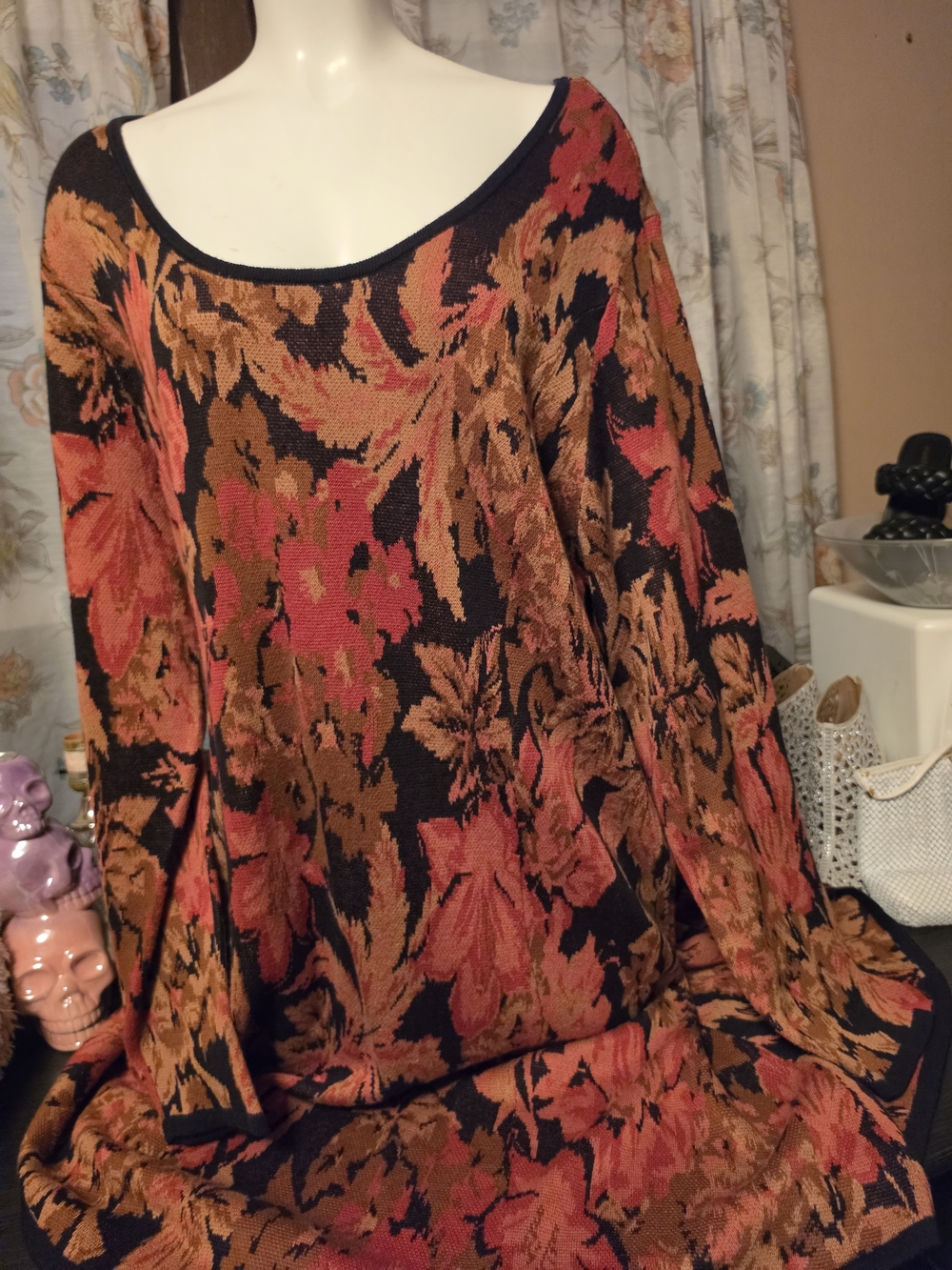 Women's Floral Knit Scoop Neck Dress - Black with Rust & Coral